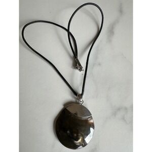 Sterling Silver 925 Mother of Pearl Shell Pendant Black Leather Necklace 17"
